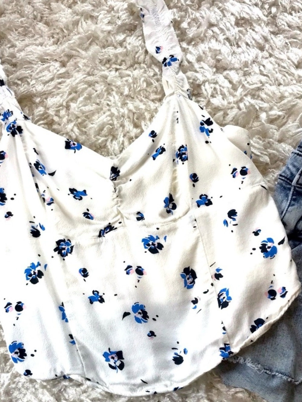 Abercrombie & Fitch White Floral Crop Cami with Blue Flowers